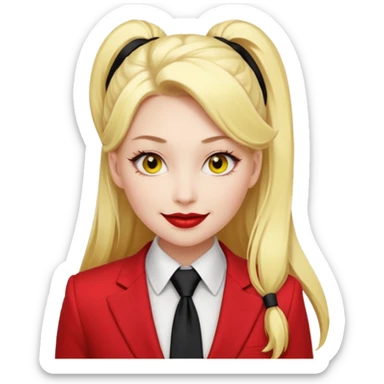 Woman with porcelain white skin, black lips, thick blonde hair that's in a thick long ponytail, a black nose, yellow scleras, red pupils, and a red suit with a black tie. Demon sticker