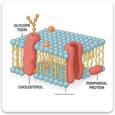 A highly detailed, scientifically accurate cross-section of a biological cell membrane (lipid bilayer) on a white background, ultra-realistic 3D illustration. Show the phospholipid bilayer with hydrophilic heads (round, polar) facing outward and hydrophobic tails (chains) inside. Include embedded proteins (integral and peripheral), cholesterol molecules (small, rigid), glycoproteins with sugar chains, and ion channels. The style should be clean, lab-textbook style, with subtle shadows and depth. Use a color scheme: light blue for hydrophilic heads, yellow for hydrophobic tails, red/pink for proteins, and orange for cholesterol. Microscope-like precision, no artistic stylization. Educational diagram of the Fluid Mosaic Model, cross-sectional view with labels for 'glycoprotein', 'cholesterol', and 'peripheral protein', vector graphic style. sticker