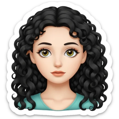 persona mujer con piel clara y rizos suaves color negro y largos  y sin volumen y con delineador en los ojos sticker