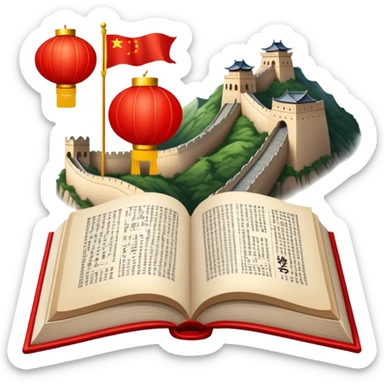 An icon featuring the Great Wall of China and the big flag of China, symbolizing the Chinese language. The design includes an open book with Chinese characters and a red lantern, representing language learning. Transparent background highlights the depth of Chinese heritage. sticker