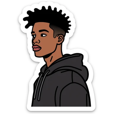 Black man with mid afro hairstyle wearing a black shirt and hoodie sticker