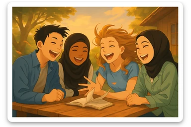 Final scene: Everyone is laughing, the wind blows strongly, hair and book pages are very animated, joyful atmosphere. Faces remain identical to the original image. sticker