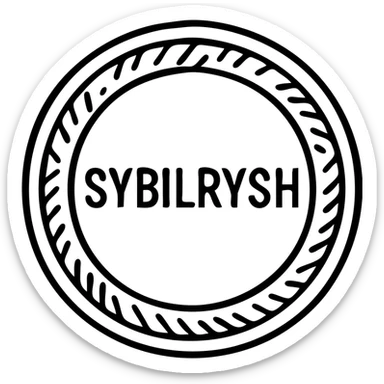A gold textured coin with the text "SYBILRYSH" inscribed in the center. The coin has a circular rim with detailed gold grain texture and metallic appearance. sticker