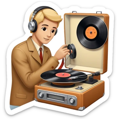 Icon for Vinyl Record Collecting: a stack of vintage vinyl records, with a turntable needle on one record, and a retro record player nearby. The icon should convey the nostalgia and passion for collecting vinyl records. Transparent background. sticker