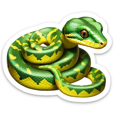 cinematic-green tree python-realistic-full-body-coiled-emoji,-thick-scaled-body-looped-tightly,-intricate-brown-and-gold-patterned-scales-reflecting-light,-head-tilted-dramatically,-slitted-eyes-staring-calmly,-simplified-yet-realistic-focused-feature sticker