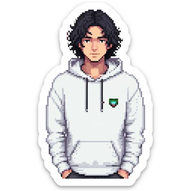 handsome young man with wavy black hair, black eyes, no beard or mustache, wearing a white hoodie, pixel art style sticker