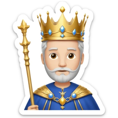 Bearded King, young king with short white beard, royal staff in hand, wearing crown, blue
 sticker
