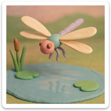 claymation style dragonfly hovering above a pond, soft pastel colors, visible wings and water reflections sticker