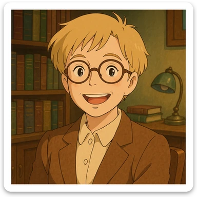Profesora rubia de pelo corto con gafas redondas, muy sonriente, estilo ghibli sticker