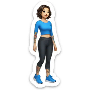 Short brunette, leggings, blue walking shoes, half tattoo sleeve sticker