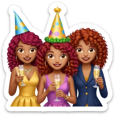 generate a pretty bratz brown skinned girl curly dark red hair at a party with friends sticker