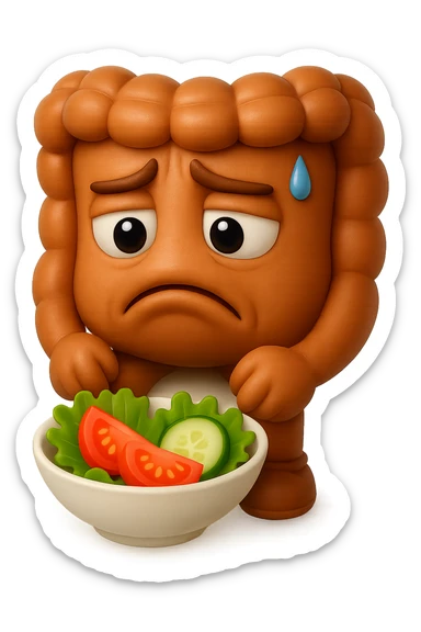 EMOJI STILE IPHONE DI UN INTESTINO UMANO ANATOMICO CHE GUARDA UN INSALATA CON ESPRESSIONE TRISTE E RASSEGNATA IN VOLTO: SOFFRE LA FAME PERCHé è A DIETA, FAGLI ANCHE LA PARTE BIANCA DEGLI OCCHI, NON SOLO LE PUPILLE, IPERREALISTICO 4K sticker