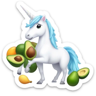 Unicorn standing under a rainbow, which is raining avocados sticker