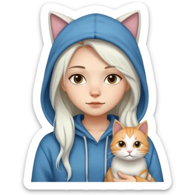 girl wear hoodie with white long hair cat sticker