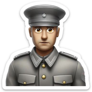 serious german soldier the middle of the XX century photorealistic gray uniform detailed face with wrinkles, closed mouth, small eyes  sticker