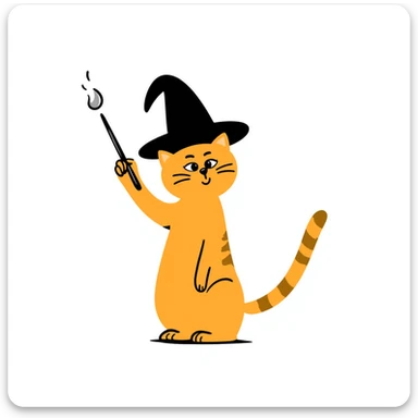 Orange cat wearing a pointy wizard hat and casting a spell with a magic wand sticker
