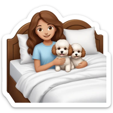 tan girl with long brown hair with three bichon frises in bed sticker