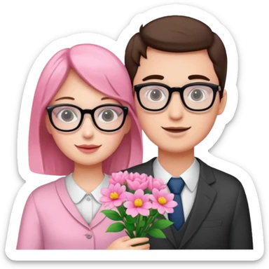 guy give pink flowers to a girl with glasses  sticker