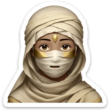 Regal and timeless, fully wrapped in meticulously aged bandages, even its face veiled in layers of ancient cloth with only faint glimpses of deep, solemn eyes peering through, adorned with faded gold accents, exuding an air of forgotten majesty and solemn duty, highly detailed, softly glowing, evoking the dignified mystery of an eternal guardian watching over lost secrets! sticker