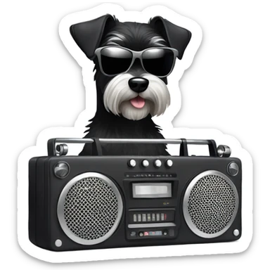 Black mini schnauzer in sunglasses holding a boombox sticker