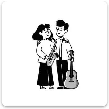 Two musicians standing side by side, both facing forward, with one's arm over the other's shoulder in a friendly side hug, both smiling, musical instruments nearby, fraternal camaraderie sticker