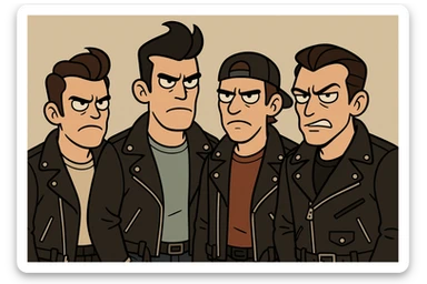 group of bad boys, leather jackets, defiant expression, neutral background sticker