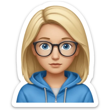 a woman, blonde highlights in hair, glasses and blue eyes. teacher, with a hoodie on and hair longer than shoulders, mid 30s more brown bits in hair  sticker