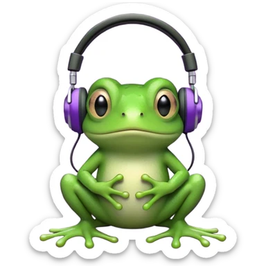 A cute green cartoon frog sitting with a neutral expression, wearing large black over-ear headphones. The frog is connected by a wire to a small, classic-style iPod with a purple screen, placed in front of it. The background is a dense black-and-white noise pattern resembling TV static. sticker