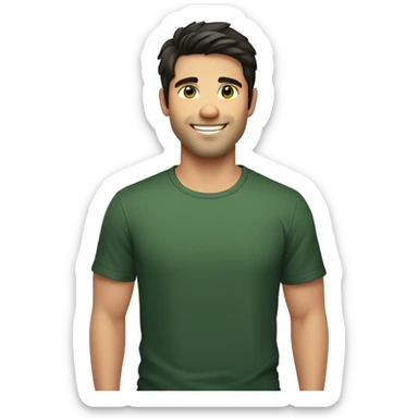 Handsome man with dark hair, gradient short hair on the side, green eyes. Big smile and thin face. Black t-shirt. Little bear sticker