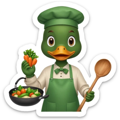 A duck holding a frying pan with sizzling vegetables, wearing green apron sticker
