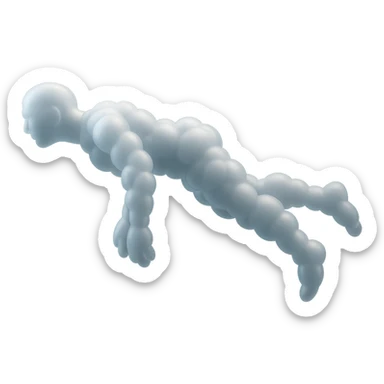 side view of unconscious person flying upwards by torso, legs and arms downwards, made of small very bright white fluffy convex clouds, matte glass style sticker