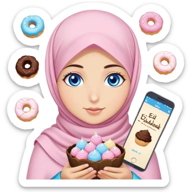 Turkish beautiful finish Konya girl blue eyes with pastel sakura hijab islamic dress and had on her hand text Eid Mubarak with sweets and celebrating with her friends eid days   sticker