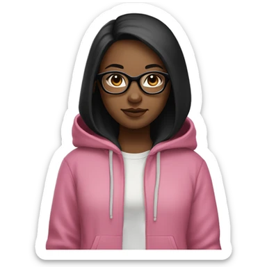 A young girl with long, straight black hair parted in the middle, wearing square pink glasses, pale skin, and a black hoodie. She has a round face, a casual, relaxed expression sticker