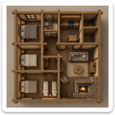 3D floor plan in rustic style, four bedrooms, two bathrooms, separate kitchen, living room with fireplace, storage room, exposed beams, wood and stone materials, top view, cozy atmosphere sticker