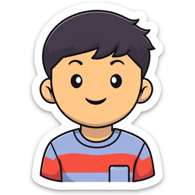 Asian man with short black hair, friendly smile, Josh Lim character sticker