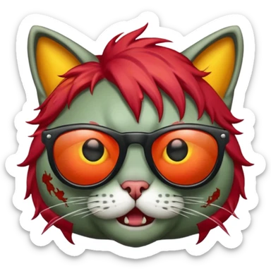 Zombie cat with red hair and sun glasses face sticker