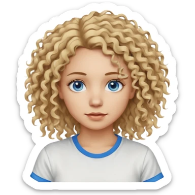 This is a 2D digital anime-style portrait of a female, caucasian, 29 years old light skin. The person has messy dirty blond curly hair shoulder long, round blue eyes.  sticker