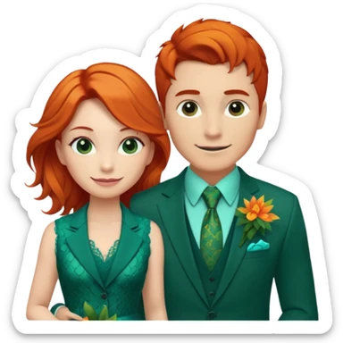  The man, with red hair and visible snake scales, wears a dark green suit with a green tie and an orange boutonnière. The woman, with blonde hair, wears a turquoise ballgown with lace details and holds a colorful tropical bouquet. They smile at each other.  sticker