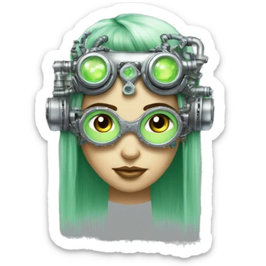 Light green long hair female cyborg head with silver steampunk goggles as a headband, circuits sticker