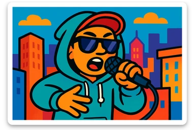 hip hop Chinese American character rapping into a microphone, wearing hoodie and sunglasses, cityscape elements, bold colorful style sticker