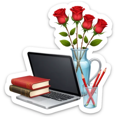 crear una  pizarra grande con libros a un lado, cuadernos, lapices, creyones, un vaso de cristal con rosas rojas, morral, lapto, estilo vector sticker