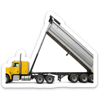 yellow semi sleeper truck with long silver end dump trailer, trailer raised in dumping position, side view, no background sticker