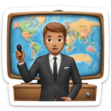 Icon for Documentary Film (TV style): A large vintage TV screen with a serious-looking host standing in front of a map. The host holds a microphone, and the map displays historical or geographical information. Retro TV broadcast style. Transparent background. sticker