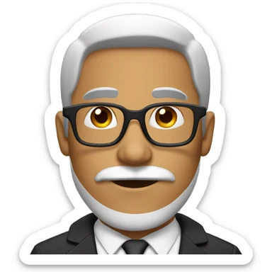 man with glasses, short black and white beard, and suit sticker