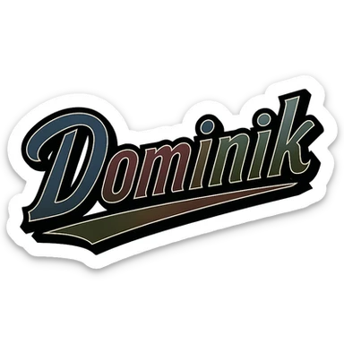 Dominik name in masculine, modern gradient font with dark contour and thin white edging, dynamic slanted underline, masculine color shades (blue, gray, burgundy, green, brown), 1000x1000 px, PNG, transparent background, in the style of the uploaded Attila sample. sticker