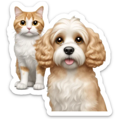 a blond apricot colored cavapoo dog standing next to a calico cat  sticker