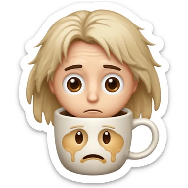 classic emoji style face with messy hair, droopy eyes, and a coffee cup, looking hungover sticker