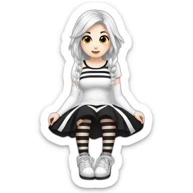 Frontal view curvy emo girl sits white skirt striped stockings hands up sticker