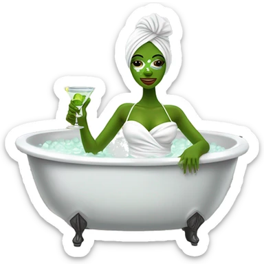 Girl with white towel wrapped around hair and cucumbers on eyes with green face mask and manicure  holding a martini glass and bottle in black high heels kicking feet out in bubble bathtub  sticker