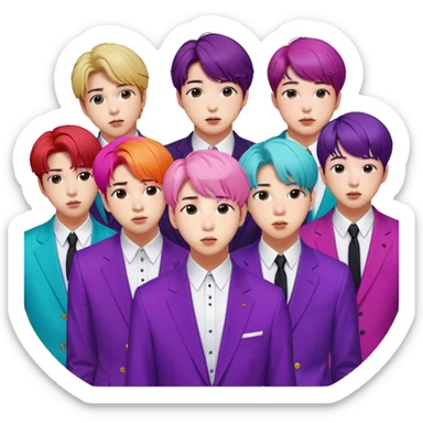 Cinematic Realistic group portrait of BTS featuring all 7 members in stylish modern attire, with detailed facial expressions and vibrant colors, captured in dynamic, contemporary lighting that emphasizes their global pop icon status sticker